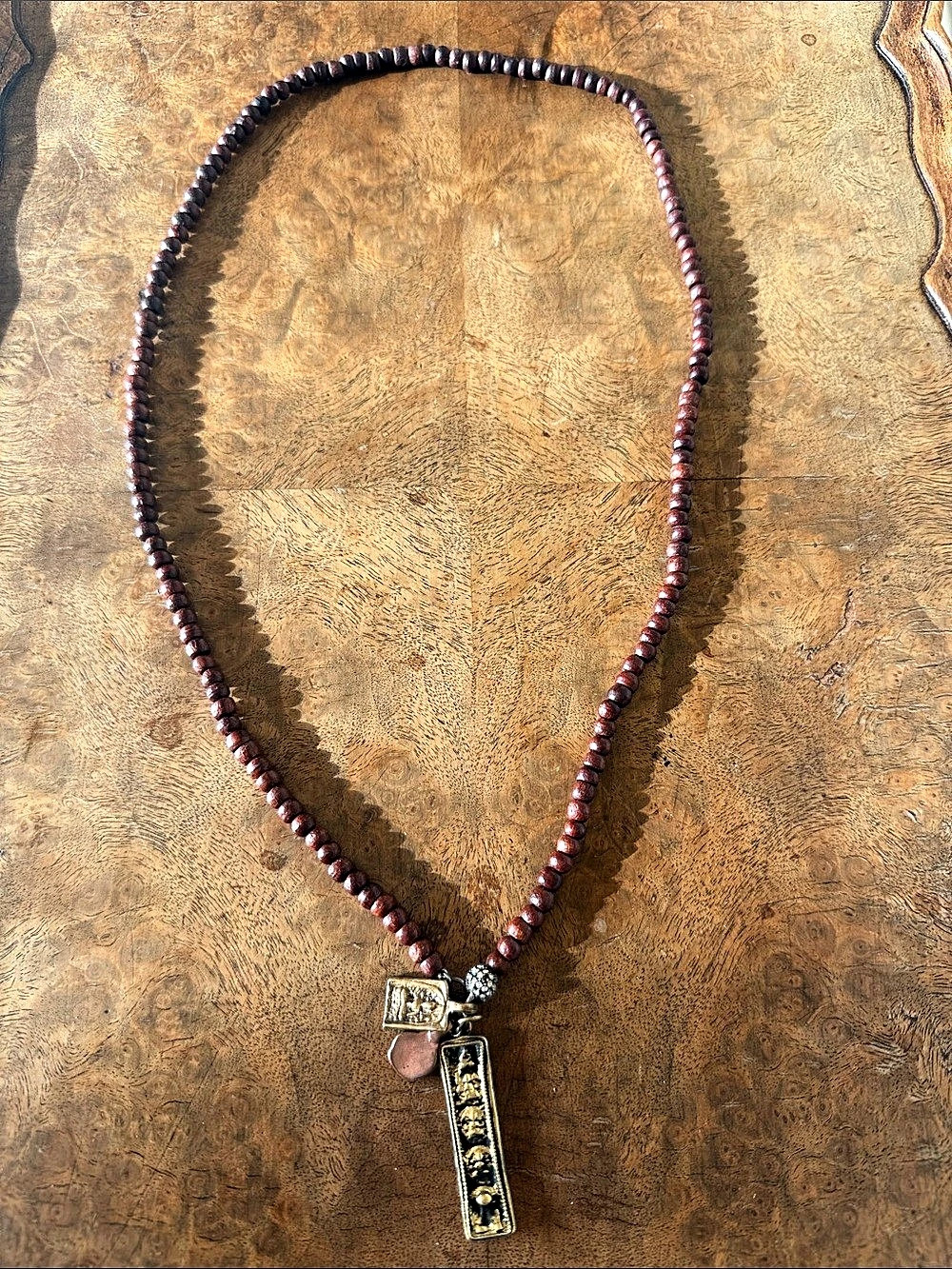 Wood Beaded Pendant Necklace in Brown & Gold